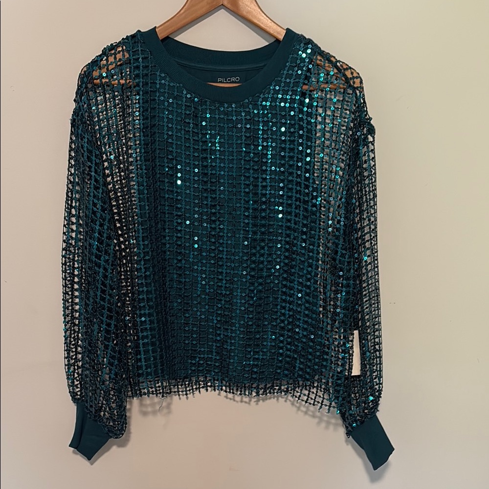 Pilcro Teal Sequin Mesh Long Sleeve Shirt